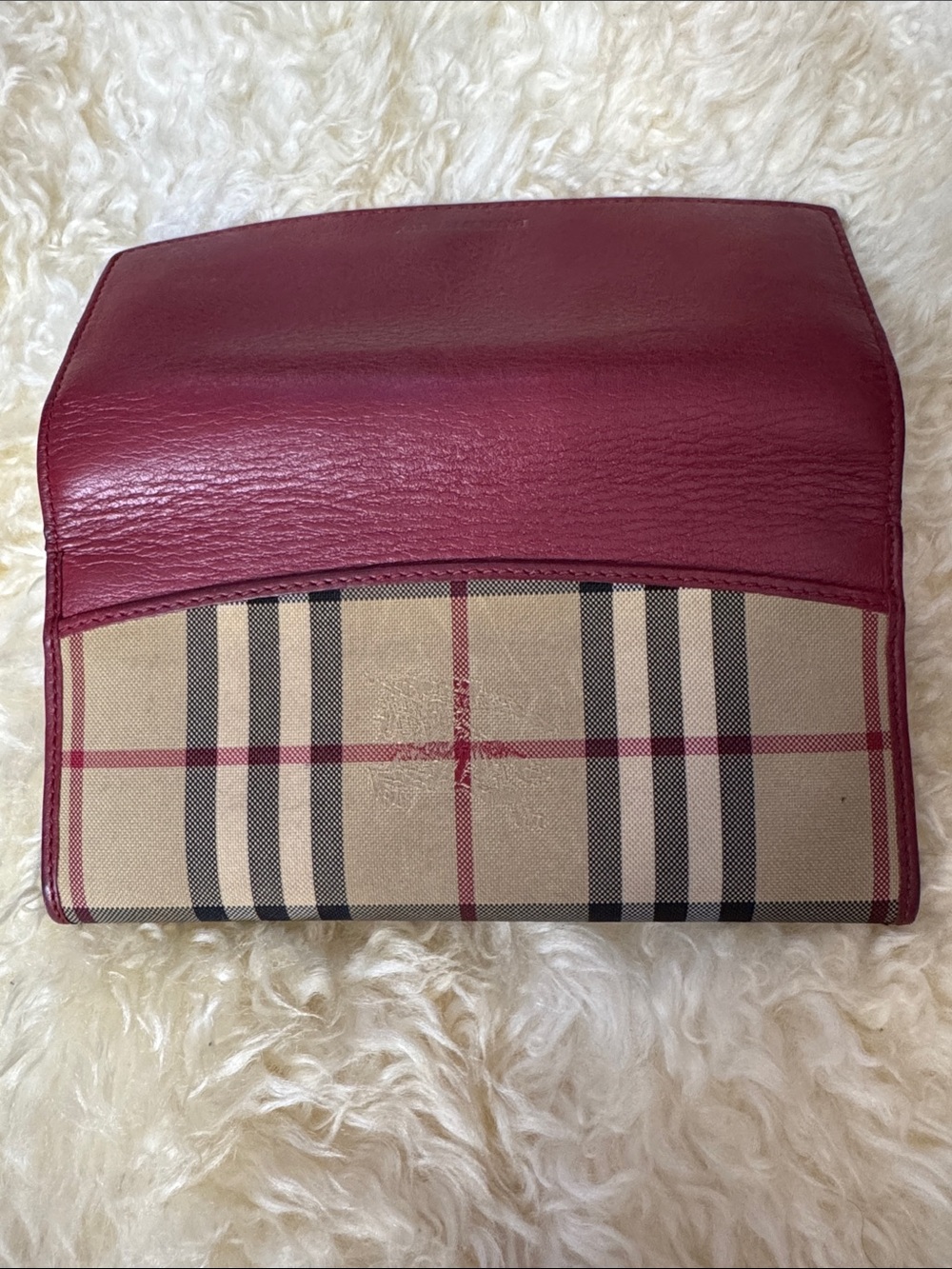 Burberry Burgundy Leather & Beige Check Continental Wallet - Picture 7 of 8